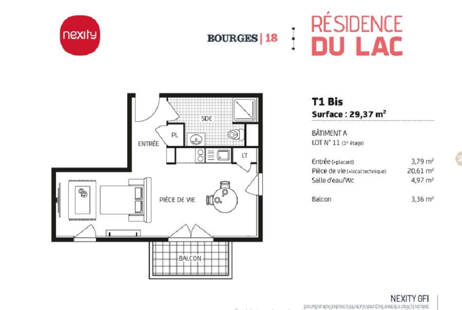 Appartement STUDIO Bourges 1 pièce - 29.37 m2 avec balcon.